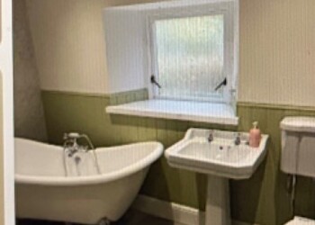 Completed traditional green and white bathroom